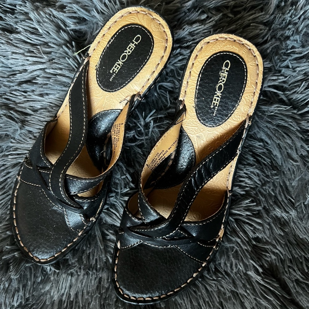Cherokee Black Sandals with Metallic Straps and Flat Sole